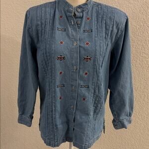 VTG Capacity Petites Women’s Blue Floral Embroidered Button-Up Shirt Size PSmall